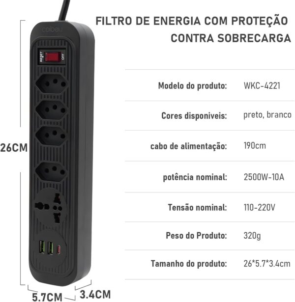 Filtro de Linha, Extensão com 4 Tomadas - Imagem 3